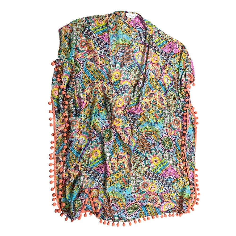 Bleu Rod Beattie Tropical Swim Cover Up Kaftan Pom Pom Trim Medium